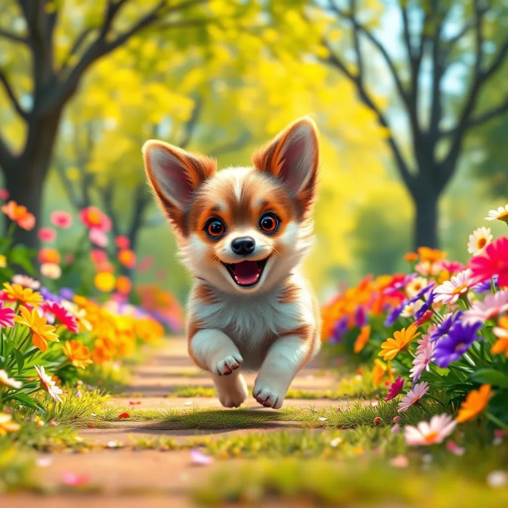 A small dog, Toto, with fluffy fur and big ears, running excitedly in a bright park with colorful flowers, digital art, vibrant colors, lively atmosphere, high quality