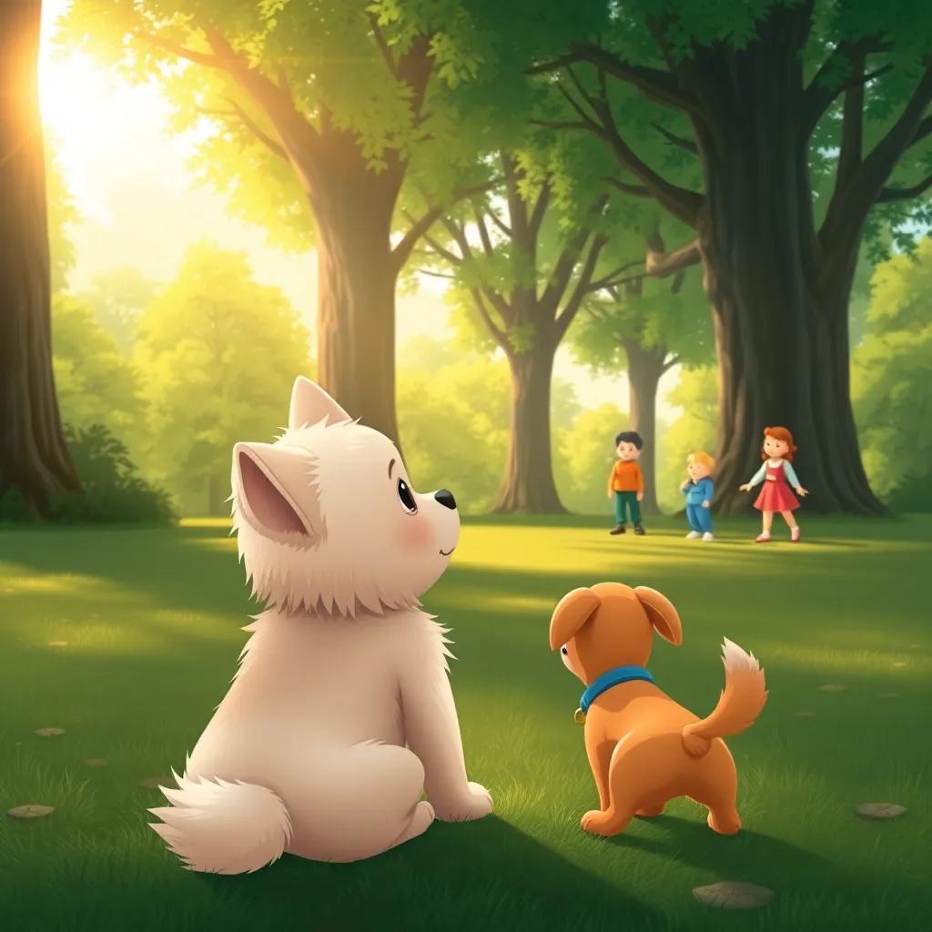 Toto, a small dog with fluffy fur, sitting in a park, watching another obedient dog returning to its owner, with tall trees and cheerful children playing, illustration, warm sunlight, engaging scene, child-friendly