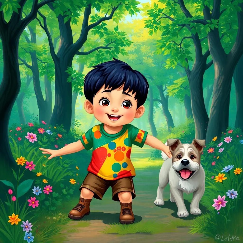 A small boy named Ali, with short black hair and wearing a colorful t-shirt and shorts, playing in a beautiful green forest with trees and flowers, accompanied by his loyal dog Benju, digital art, vibrant colors, cheerful atmosphere, high quality
