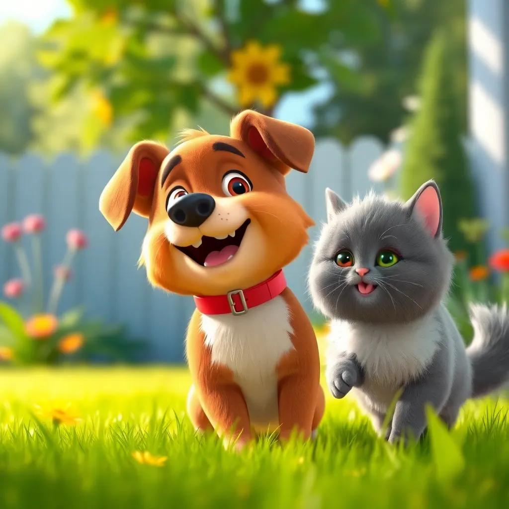 A happy dog, Max, with short brown fur, wearing a red collar, playing in a sunny garden with Mia, a fluffy gray cat, joyful atmosphere, vibrant colors, high quality