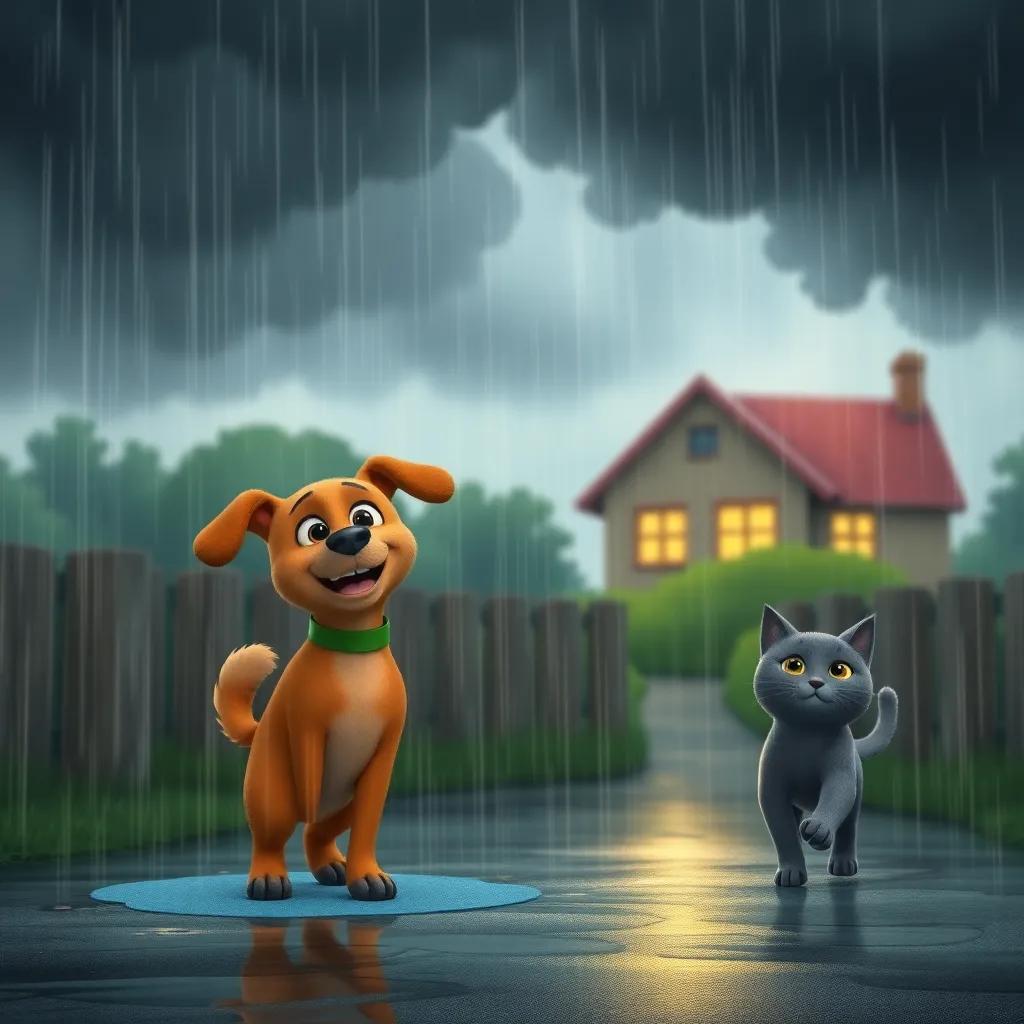 Max, a happy brown dog, standing in the rain while Mia, a gray cat, runs away to the house, dark clouds overhead, detailed digital art, emotional scene, child-friendly