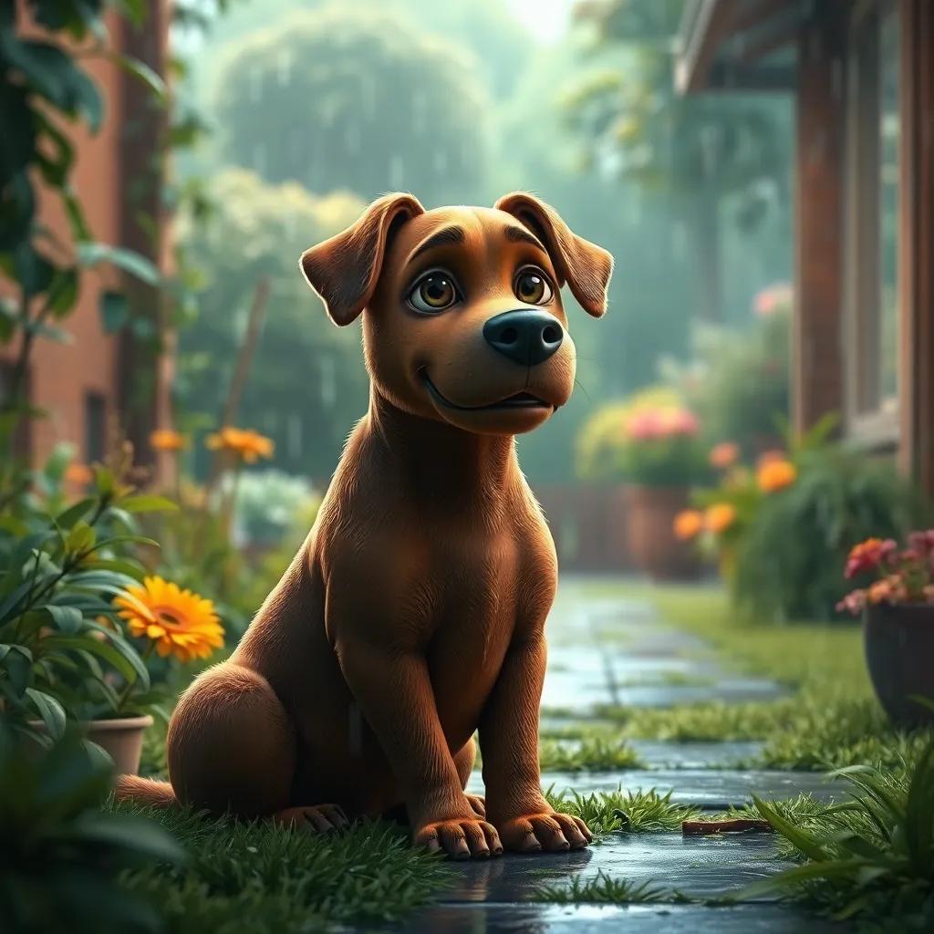 Max, a loyal brown dog, sitting in the rainy garden waiting patiently, with wet fur, expressing his commitment, soft lighting, digital art, heartwarming