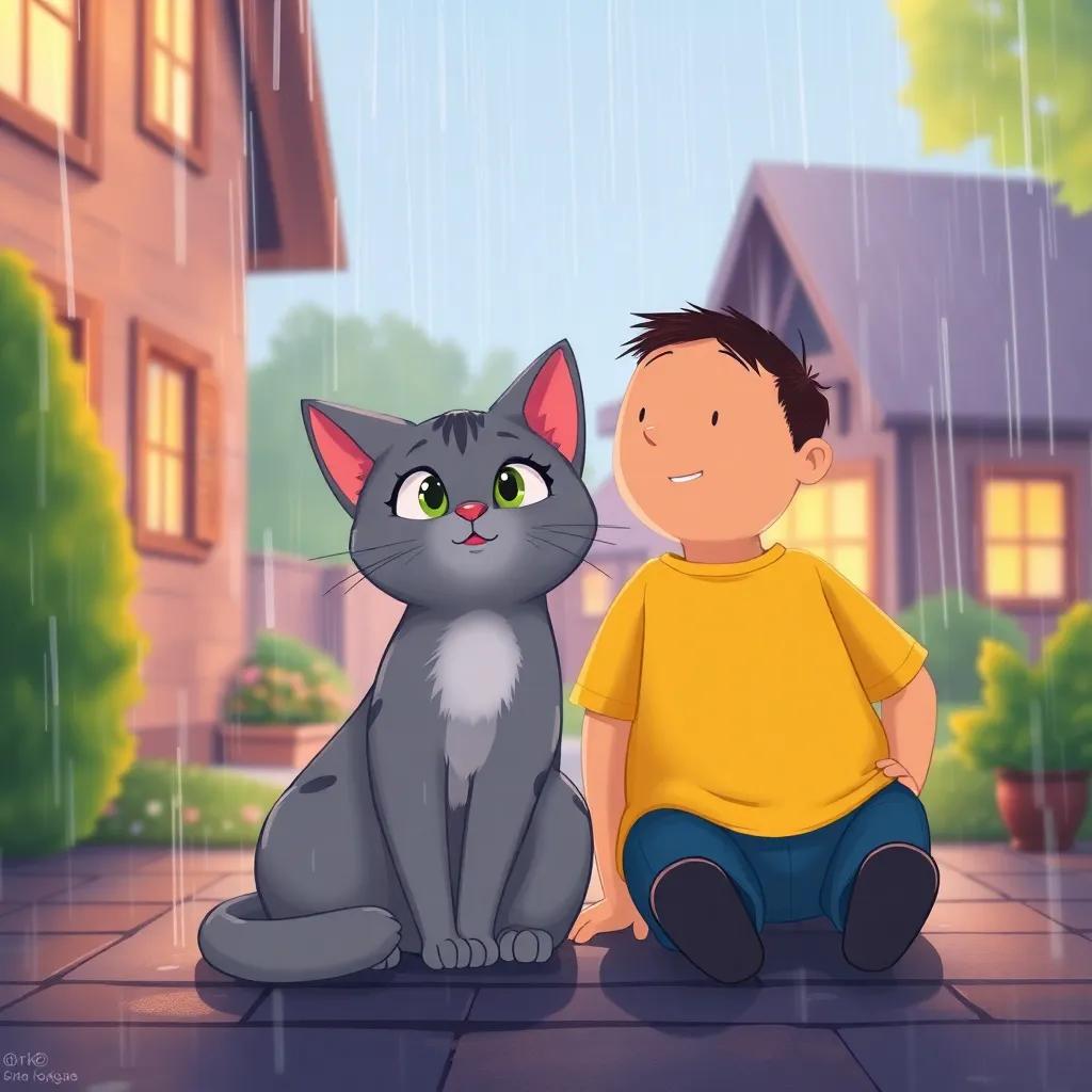 Mia the gray cat, sitting beside Max in the rain, both looking at the house, showing friendship, warm colors, detailed illustration, caring scene