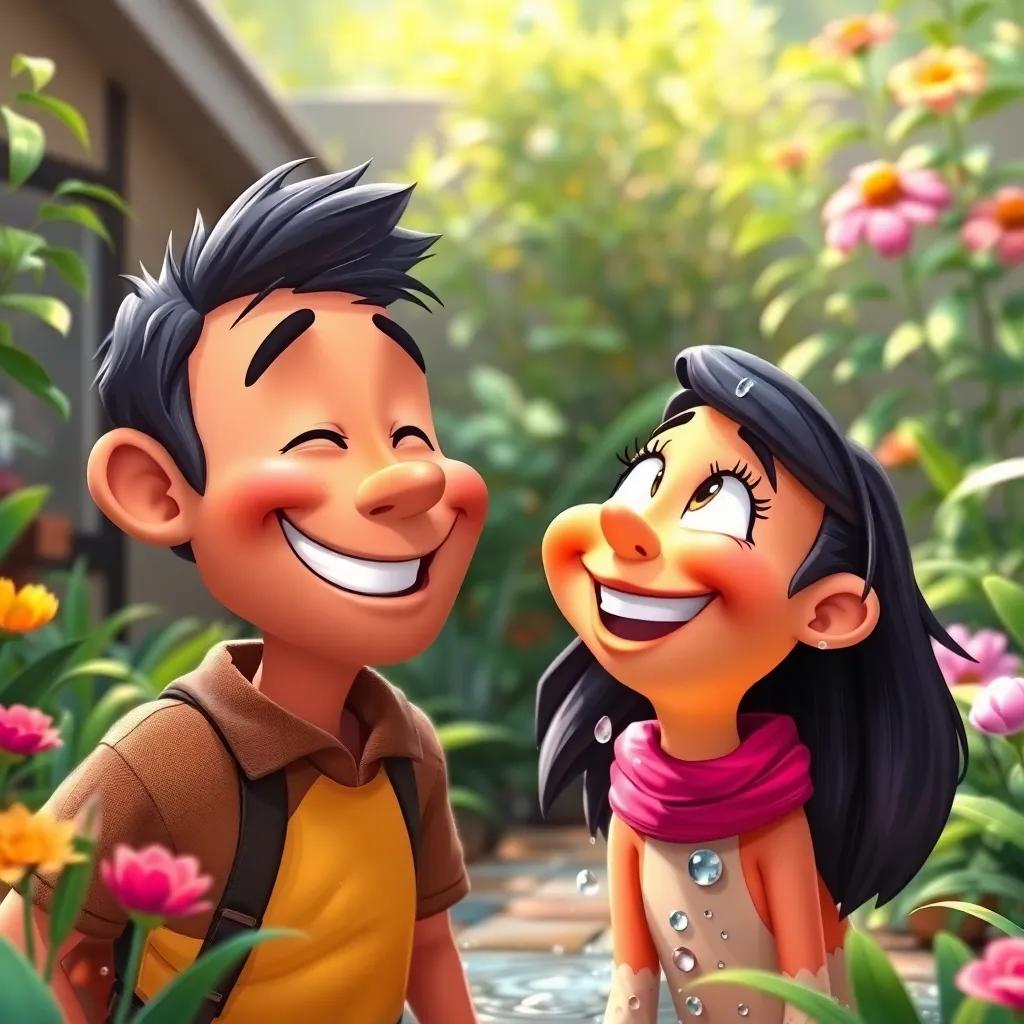 The owner smiling at Max and Mia, who are wet but happy in the garden, showing joy and friendship, bright colors, cheerful atmosphere, digital painting, uplifting