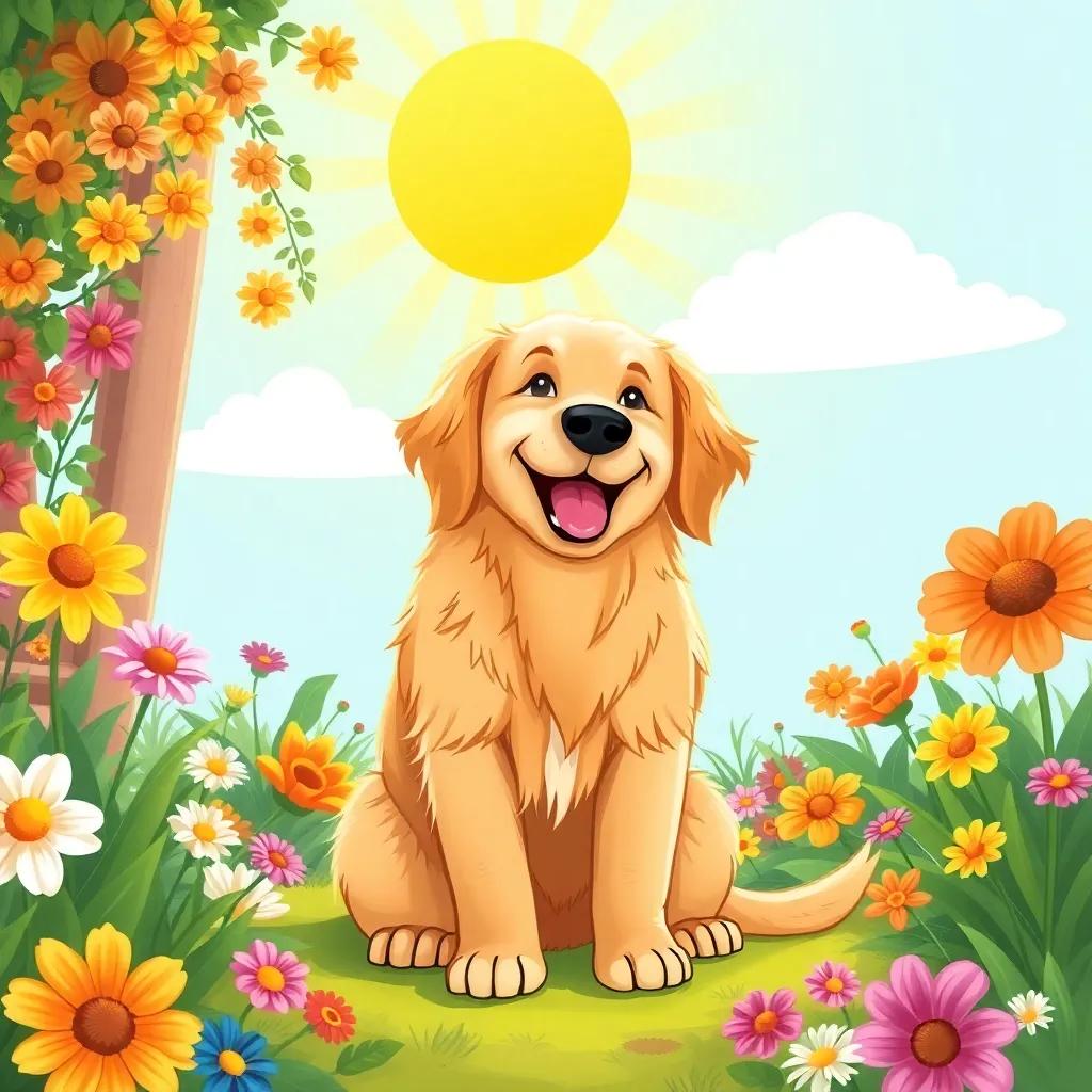 A golden retriever named Max, sitting happily in a sunny garden, surrounded by colorful flowers, digital art, bright colors, cheerful atmosphere, high quality