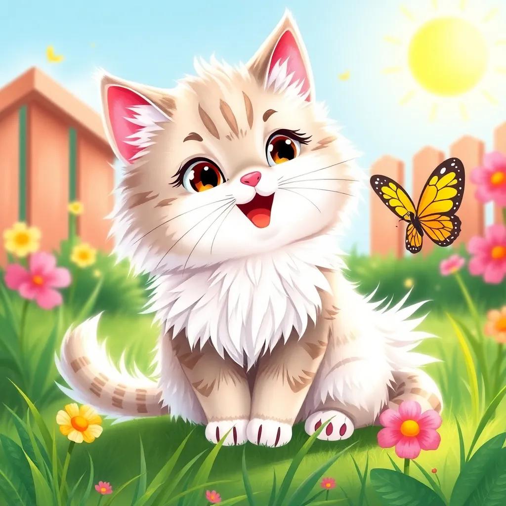 A fluffy cat named Mia, playing in the garden with a butterfly, with bright sunlight and green grass, illustration, vibrant colors, playful vibe, child-friendly