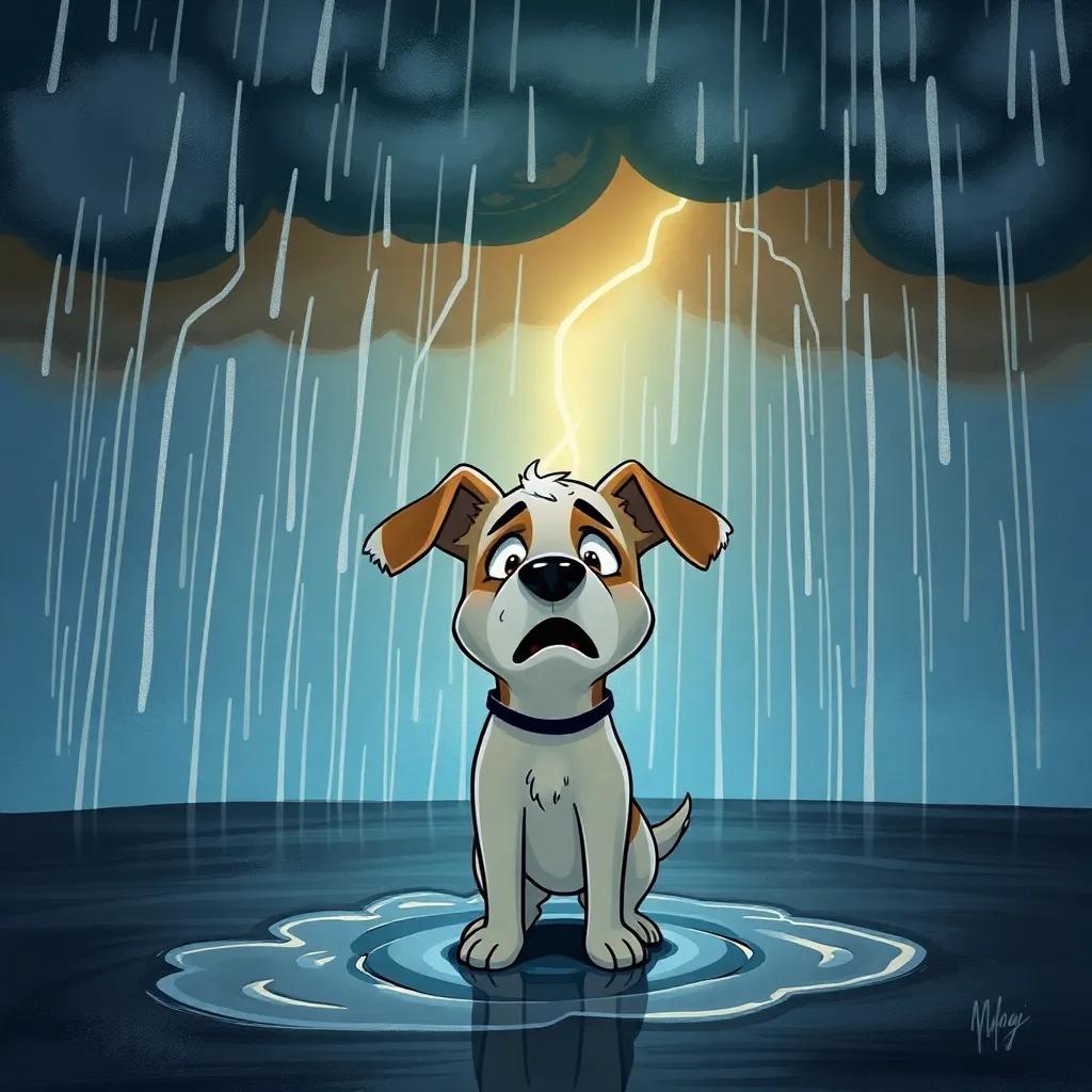 Max the dog, standing under a dark sky with thunder and rain, looking worried and barking, surrounded by puddles, digital art, dramatic colors, emotional scene, high quality
