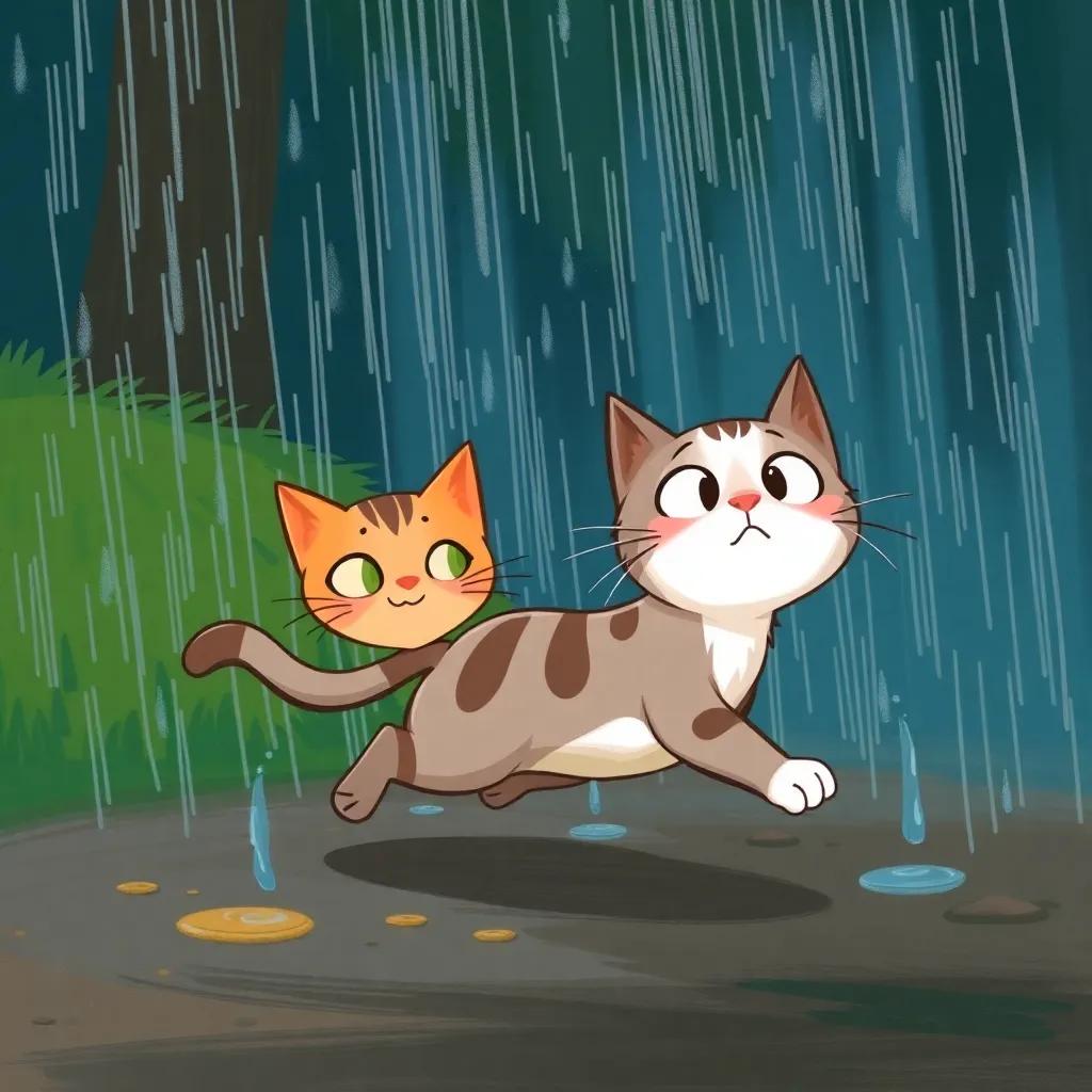Mia the cat, rushing back to Max in the rain, with drops falling around her, expression of concern, digital painting, realistic, uplifting vibe, child-friendly