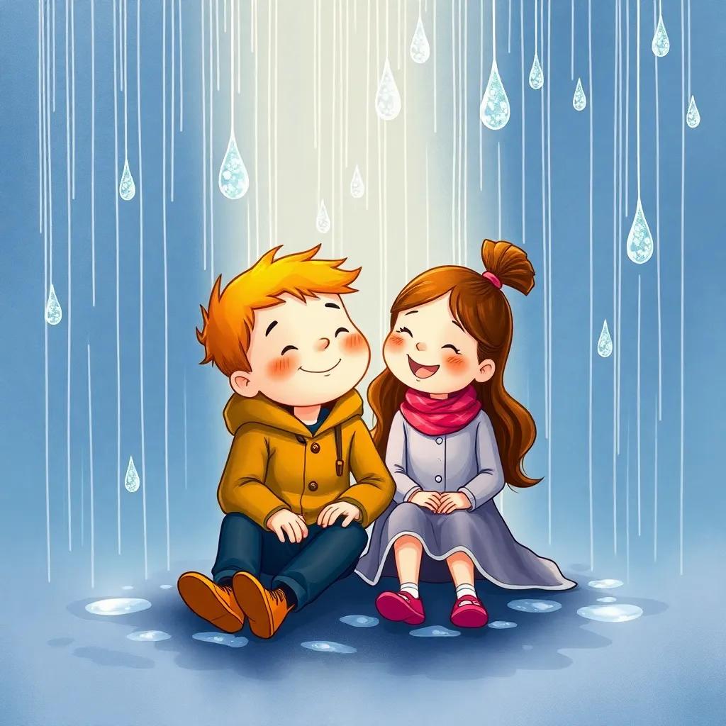 Max and Mia sitting together in the rain, sharing a moment, with big drops falling on them, both happy despite the weather, illustration, heartwarming scene, colorful, warm light