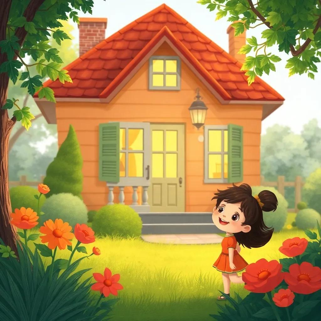 A cozy house in the background while the owner returns, noticing Max and Mia in the garden, smiling, with a warm color palette, digital art, inviting atmosphere, child-friendly