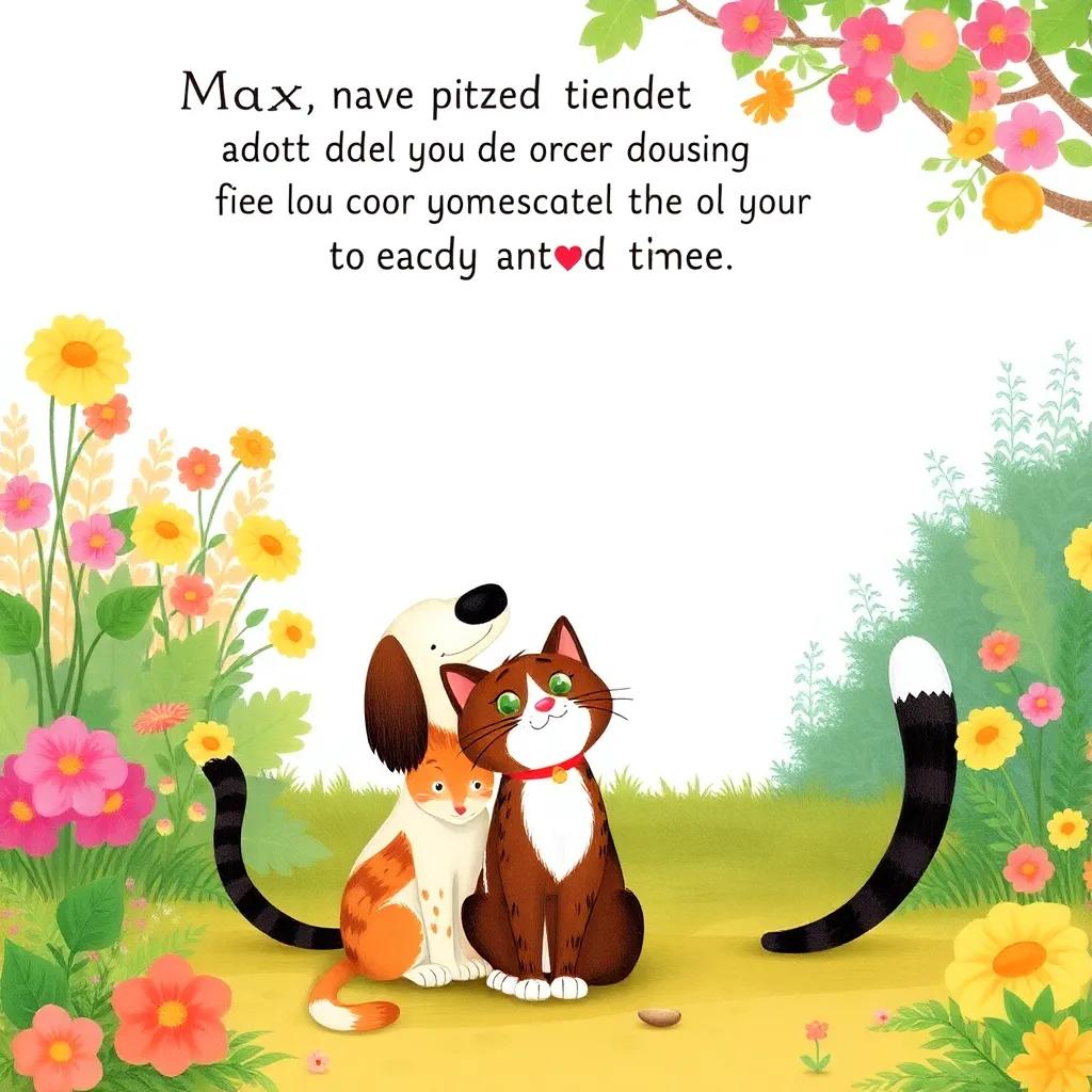A heartwarming scene of friendship and loyalty between Max the dog and Mia the cat, with a backdrop of the garden, illustration, charming details, vibrant colors, children's book art style
