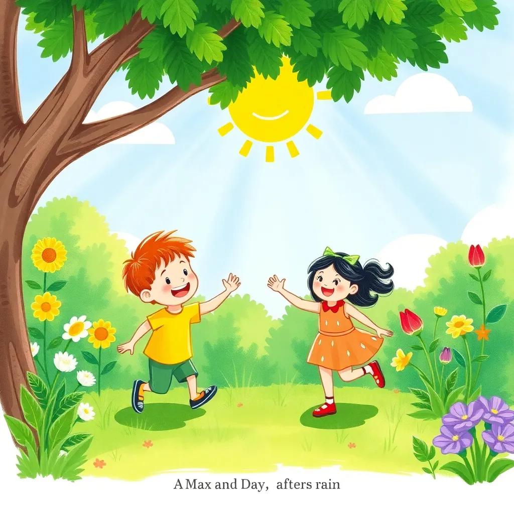 A beautiful sunny day after the rain, showing Max and Mia playing together in the garden, joyful expressions, bright colors, child-friendly illustration, lush greenery