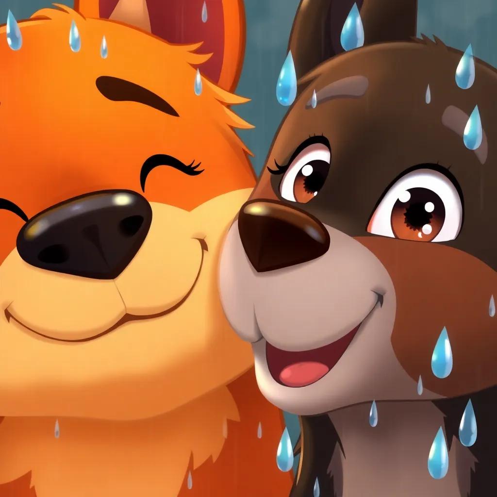 A close-up of Max and Mia, their faces expressing happiness and loyalty, with rain droplets on their fur, digital art, warm light, cheerful atmosphere, high quality