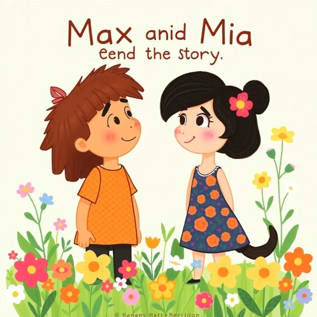 Max and Mia, side by side, looking at each other with friendship, surrounded by flowers and greenery, vibrant colors, end of the story happy scene, cheerful vibe, child-friendly