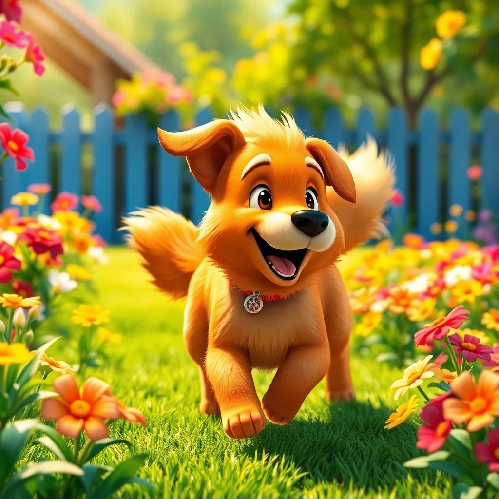 A loyal dog, Max, with a fluffy golden coat and a wagging tail, playing in a colorful garden, bright flowers around him, cheerful atmosphere, digital art, vibrant and lively, warm sunlight
