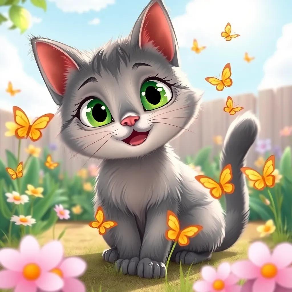 A friendly cat, Mia, with soft gray fur and bright green eyes, playing in the garden, chasing butterflies under a sunny sky, charming scene, illustration, whimsical, joyful