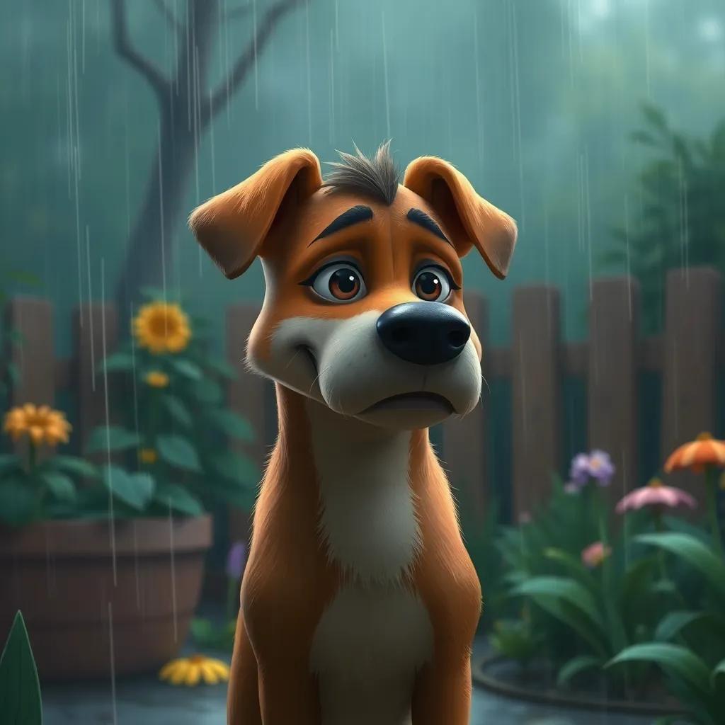 Max, the dog, looking sad in the rain, standing in the garden with raindrops falling on his head, determined expression, digital painting, atmospheric, melancholic