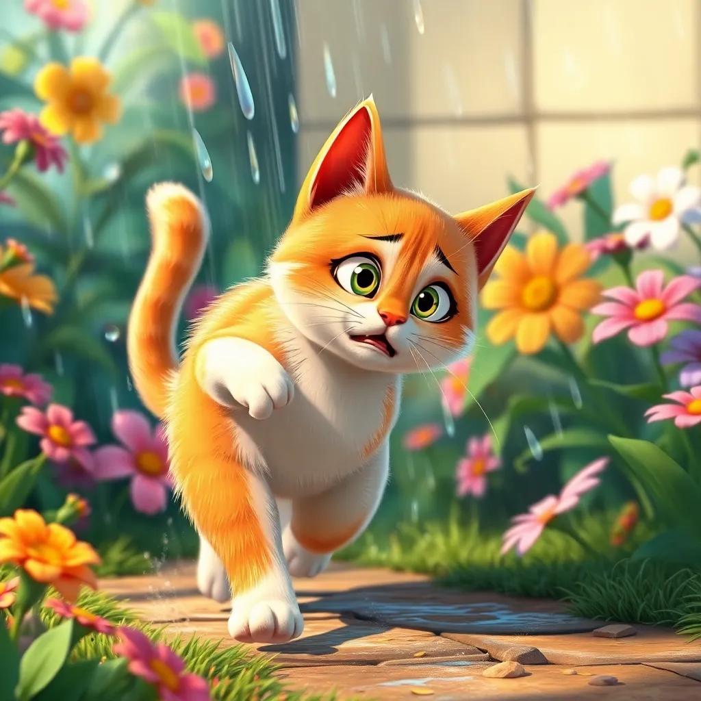 Mia, the cat, running back to the garden, with raindrops splashing around her, worried expression, beautiful flowers around her, colorful art, engaging