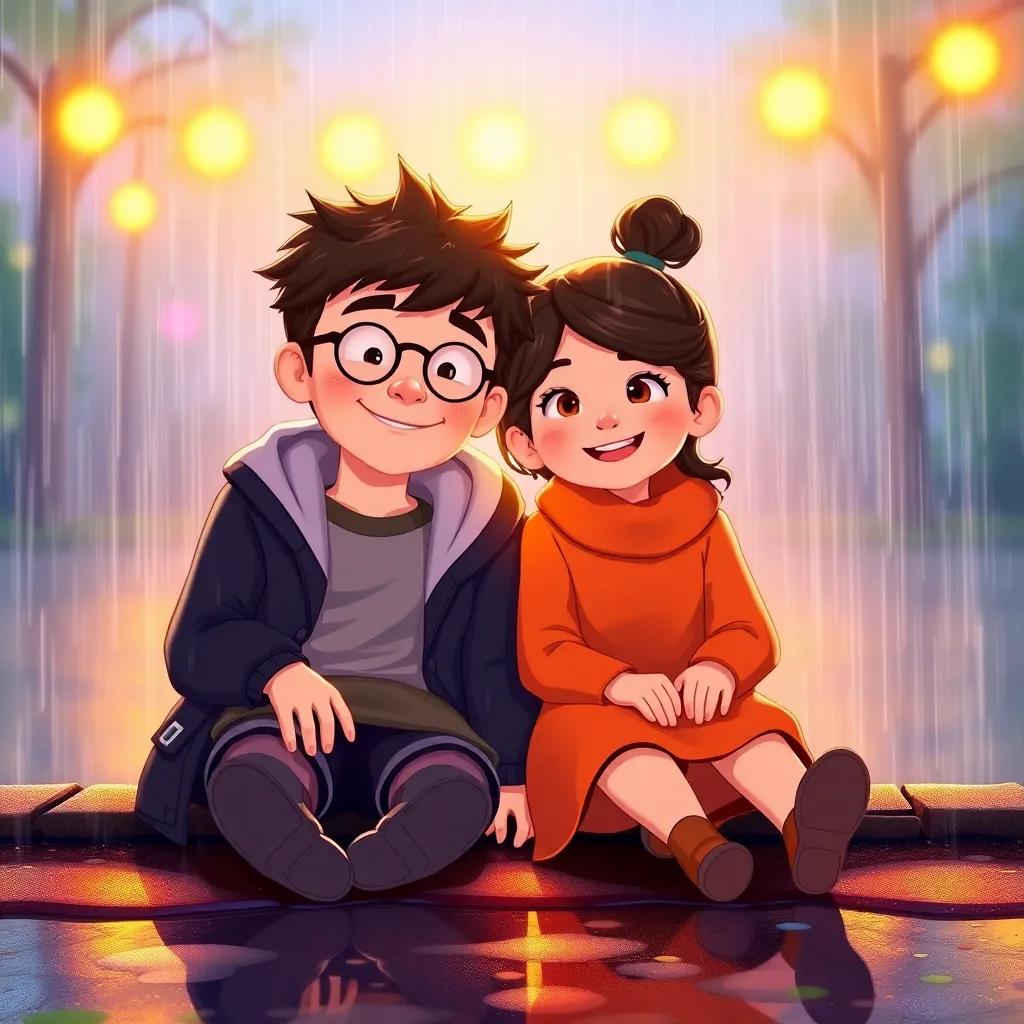 Max and Mia, sitting together in the rain, both soaked but happy, friendship glowing between them, beautiful cartoon style, warm light, heartwarming