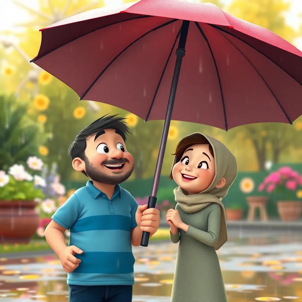 A kind owner, looking at Max and Mia with a smile, holding a big umbrella, standing in the rain, joyful expression, background of a sunny garden, heartwarming