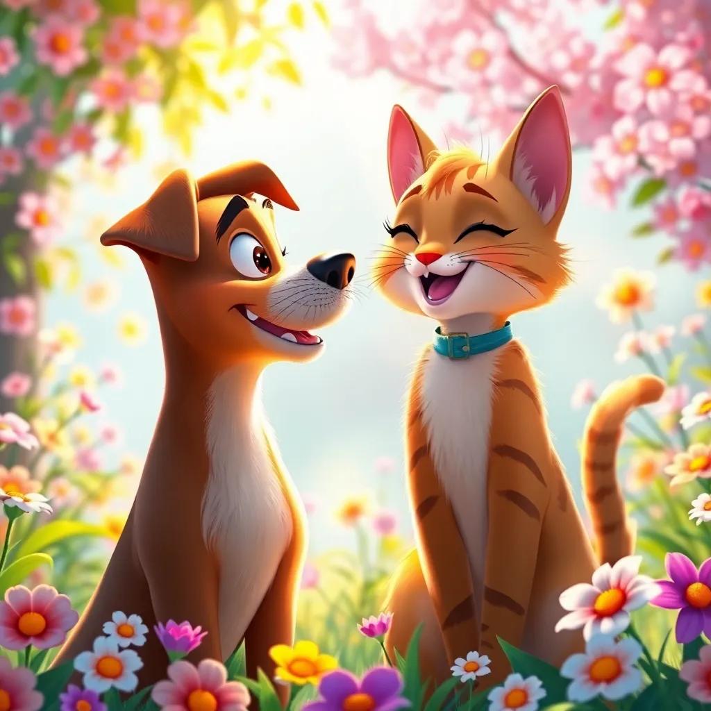 Max, the dog, and Mia, the cat, looking at each other with joy, surrounded by flowers and sunlight, celebrating their friendship, vibrant and colorful