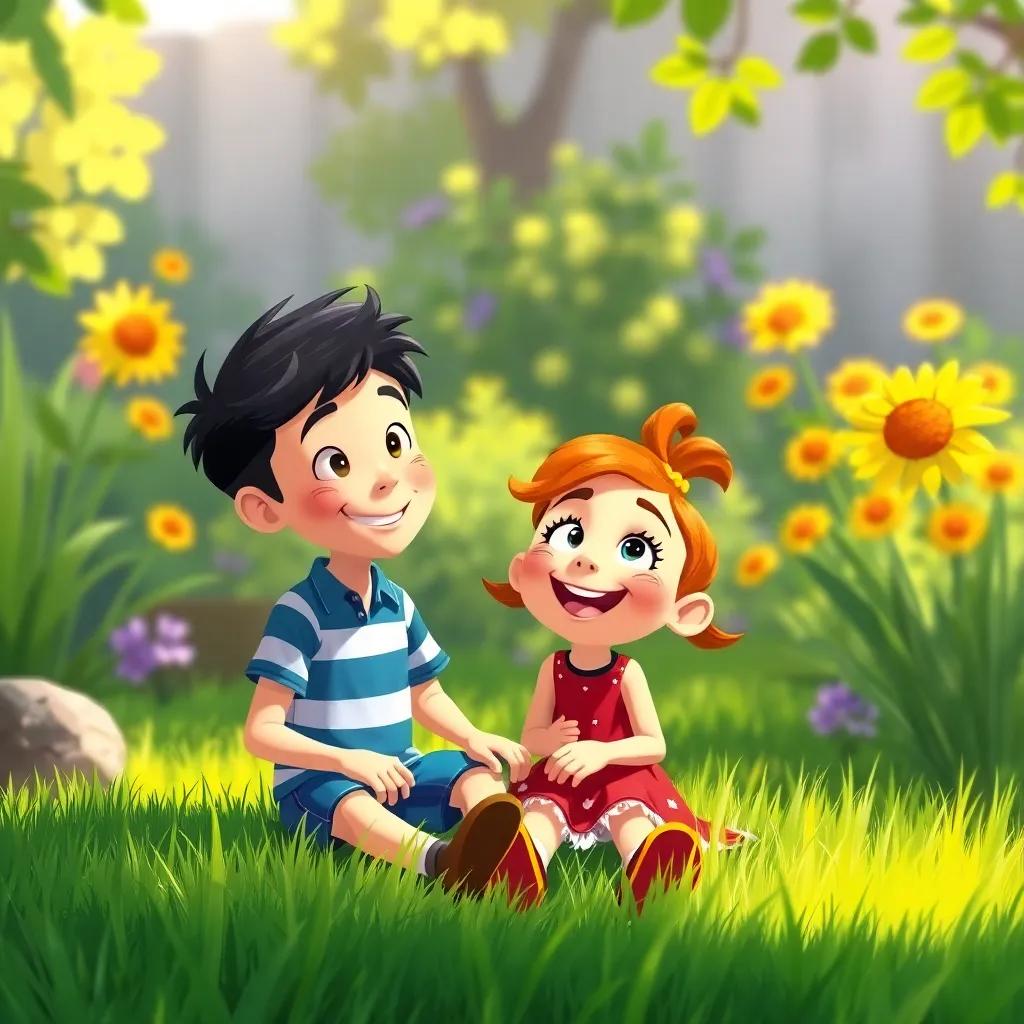 An illustration of a sunny garden scene with Max and Mia playing together, lush green grass, smiling faces, conveying warmth and friendship, cheerful colors, captivating