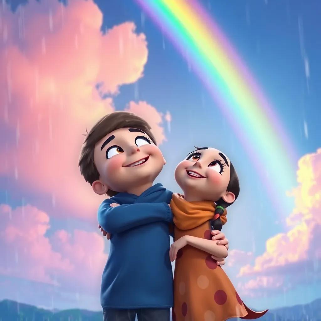 Max and Mia, together after the rain, looking at the rainbow in the sky, with happy expressions, beautiful background, fantasy, colorful