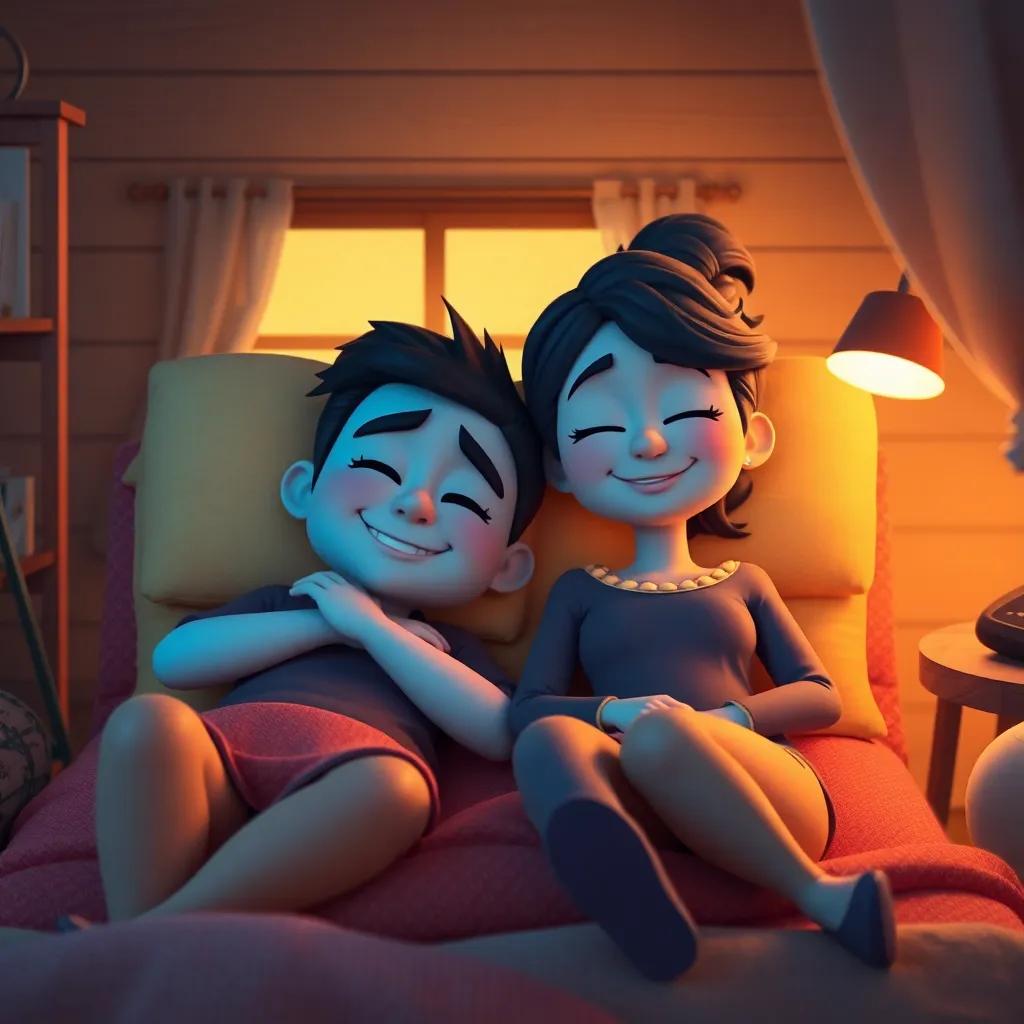 Max and Mia lying together comfortably, in their warm house, with a cozy atmosphere, smiling softly, heartwarming scene, inviting, joyful ambiance