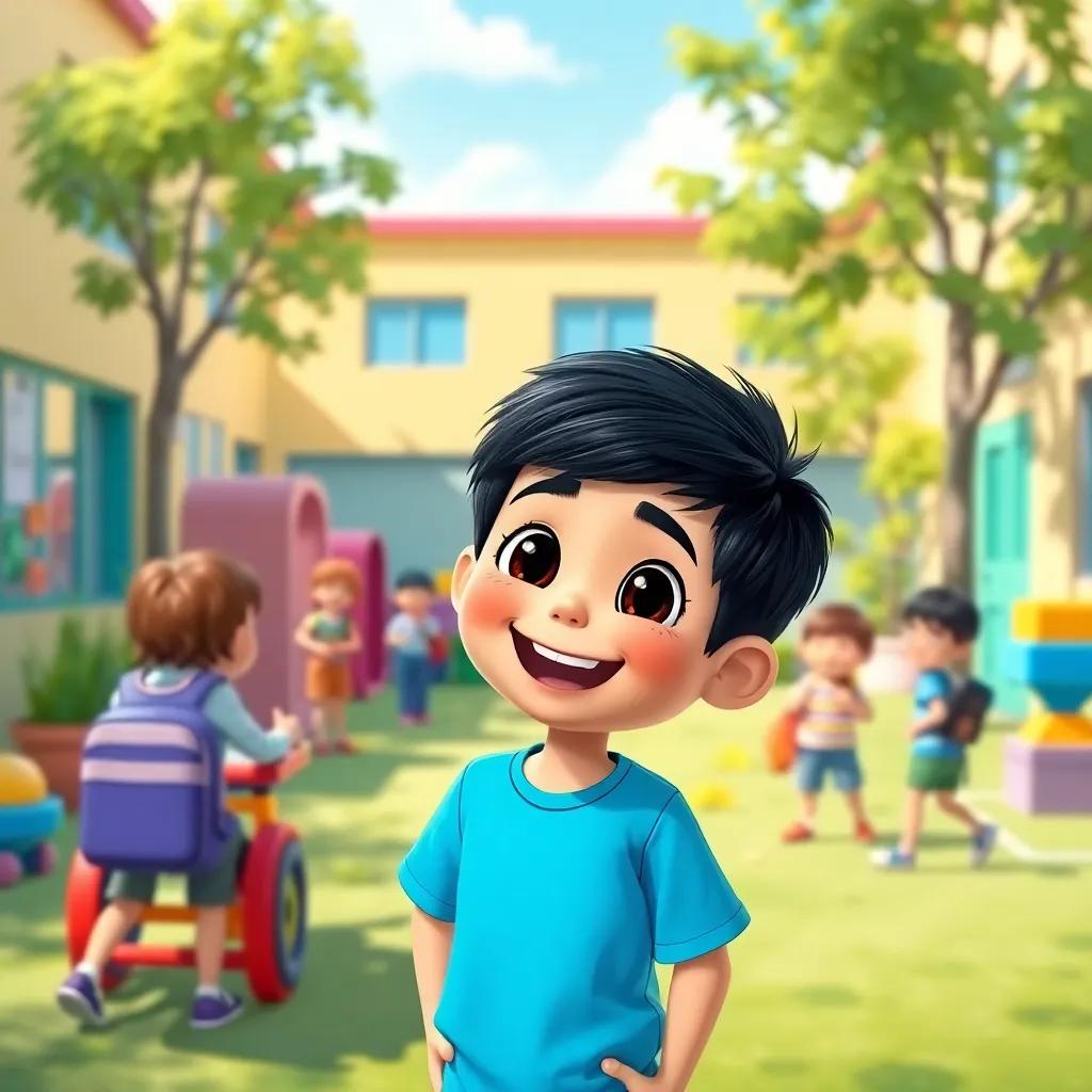 A cheerful boy named Sami, with short black hair wearing a bright blue t-shirt and shorts, playing with friends in a sunny schoolyard filled with laughter and colorful toys, digital art, cheerful and vibrant, child-friendly, high quality