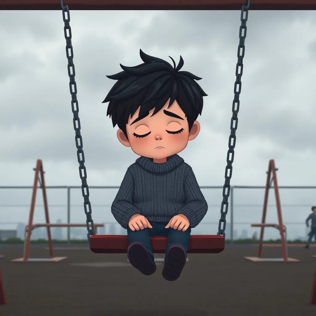 A sad boy named Ali, with messy dark hair wearing a gray sweater and jeans, sitting alone on a swing in a gloomy playground, surrounded by empty swings and a cloudy sky, illustration, somber and reflective, child-friendly, high quality