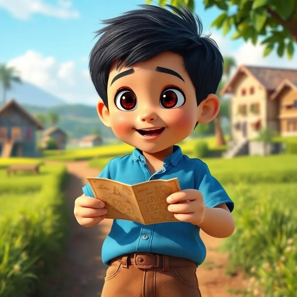 A young Arabic boy, Sami, with short black hair, wearing a blue shirt and brown shorts, looking excited while holding a small treasure map in a sunny village background with green fields, digital art, bright colors, cheerful atmosphere, high quality