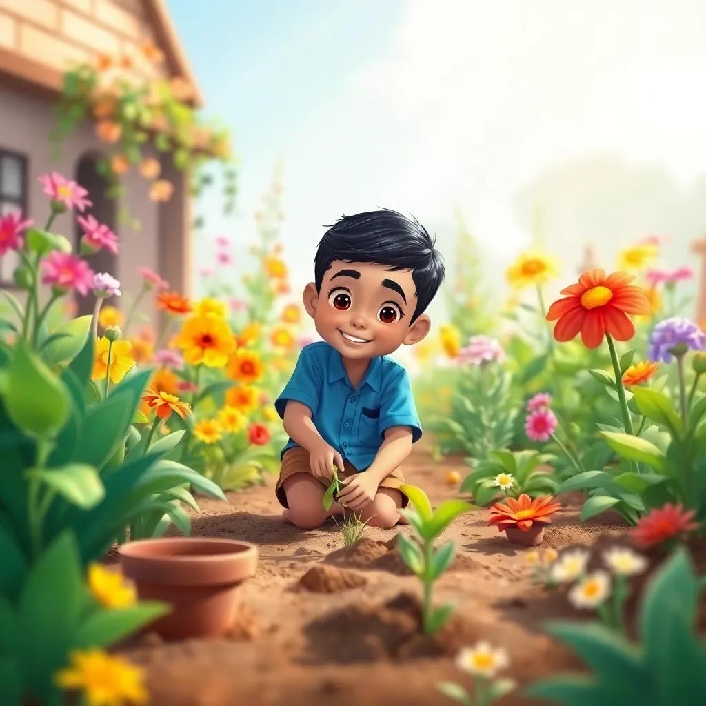 Sami, a young Arabic boy with short black hair in a blue shirt and brown shorts, planting in his grandmother's garden, surrounded by colorful flowers and plants, sunlight streaming down, illustration, vibrant, engaging scene, child-friendly
