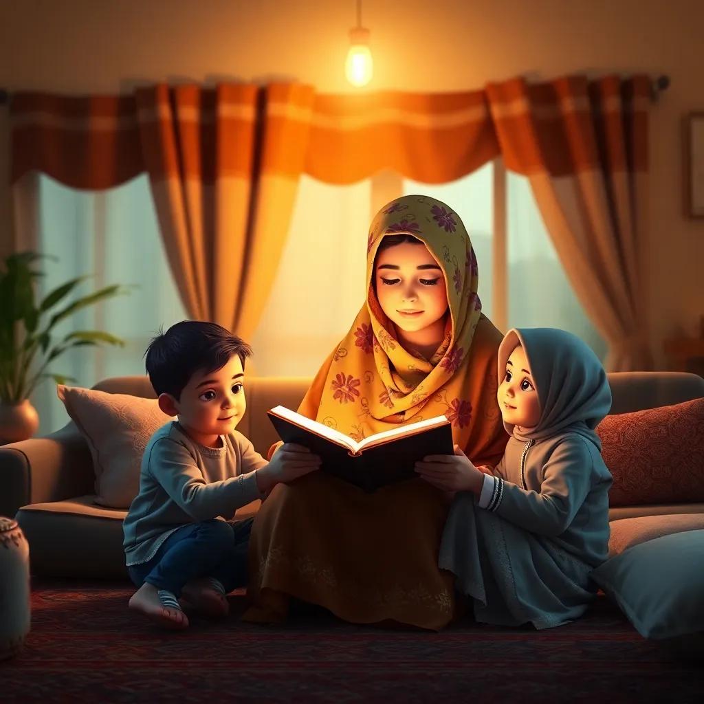A warm setting in a cozy living room, a Middle-Eastern woman, Amina, wearing a colorful hijab, sitting with her two children, Sulaiman and Huda, around her, reading the Quran together under a soft, warm light, digital art, inviting atmosphere, family bonding scene, high quality