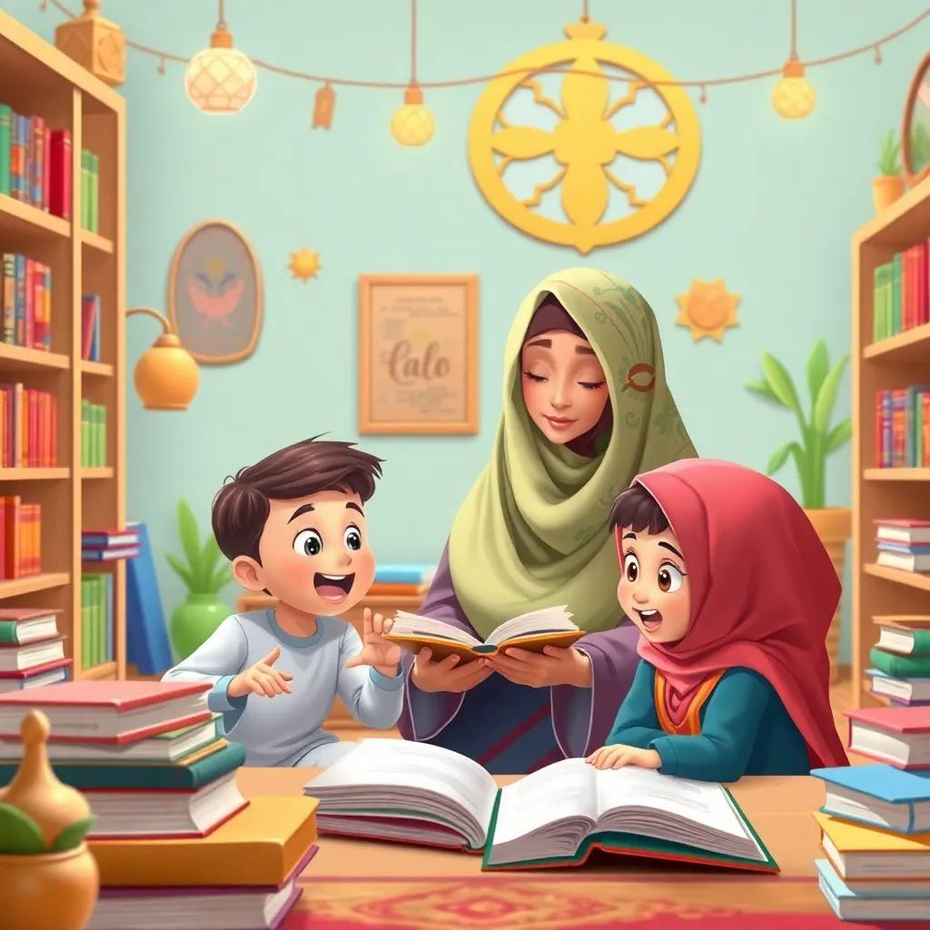 Amina, a Middle-Eastern woman with a colorful hijab, teaching her excited children, Sulaiman and Huda, in a bright study room filled with books and Islamic decor, detailed illustration, cheerful, engaging learning environment, high quality