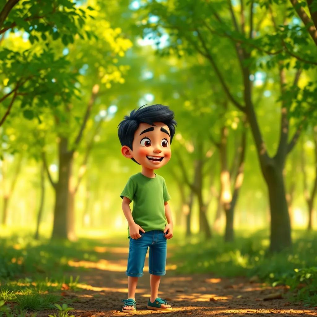 A young Arab boy, Ali, with short black hair, wearing a green t-shirt and blue shorts, excitedly talking to his friend in a sunny forest, bright green trees all around, cheerful atmosphere, digital art, vibrant colors, warm sunlight