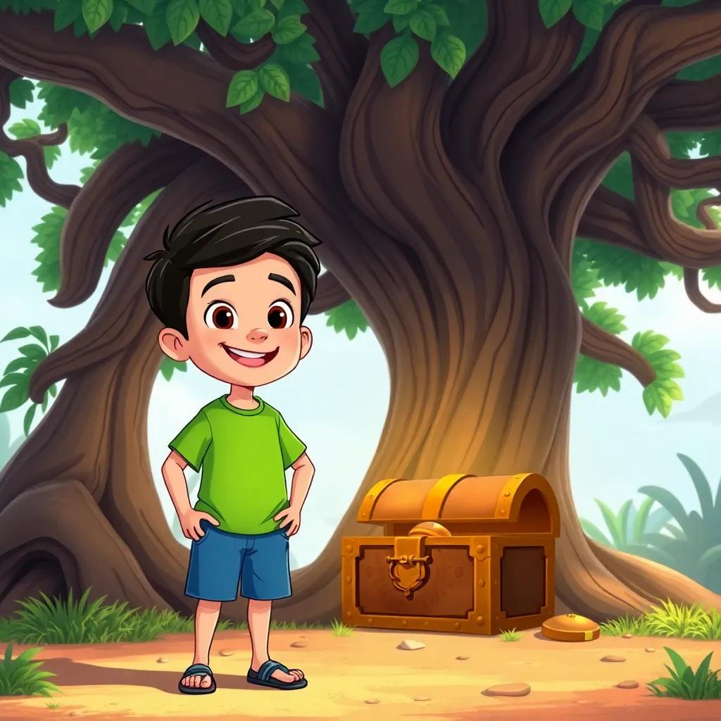 A young Arab boy, Ali, with short black hair, wearing a green t-shirt and blue shorts, standing excitedly next to a big old tree, underneath which is an ancient treasure chest, cartoon style, colorful, adventurous scene, heartwarming