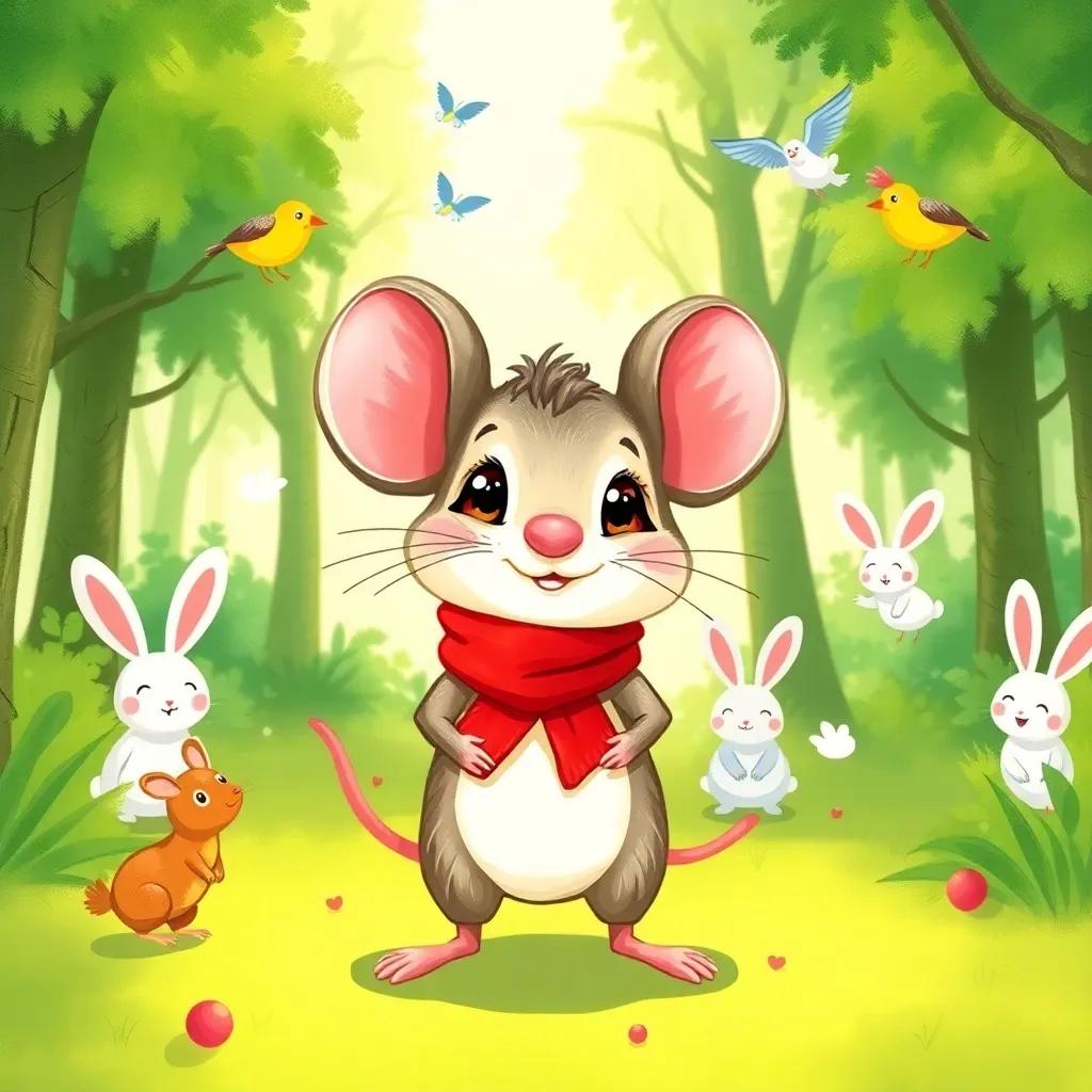 A small mouse named Toto, wearing a little red scarf, standing in a bright green forest, surrounded by happy rabbits and birds, cheerful atmosphere, vibrant colors, playful mood, cute style