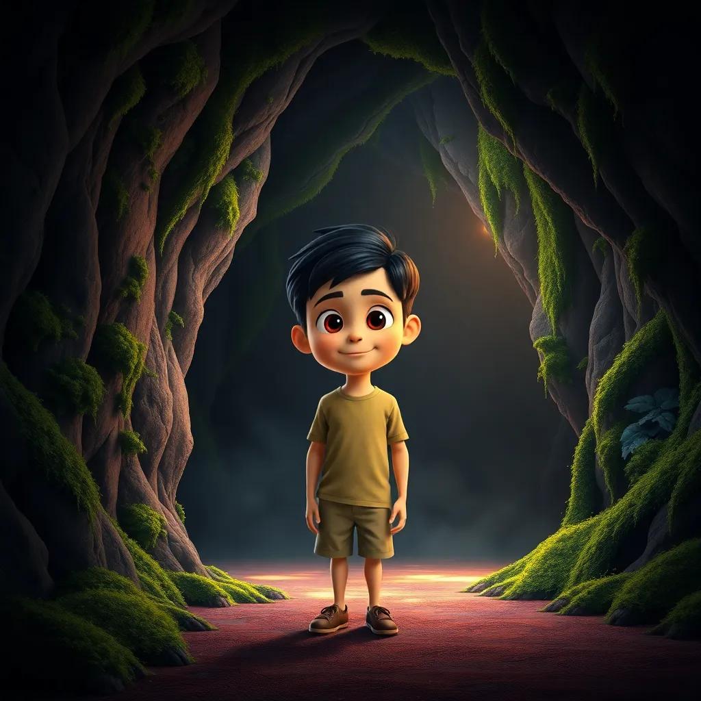 A young Arab boy, Ali, with short black hair, wearing a t-shirt and shorts, standing at the entrance of a dark cave covered with vines and moss, digital art, mysterious, vibrant colors, slightly illuminated by the sun
