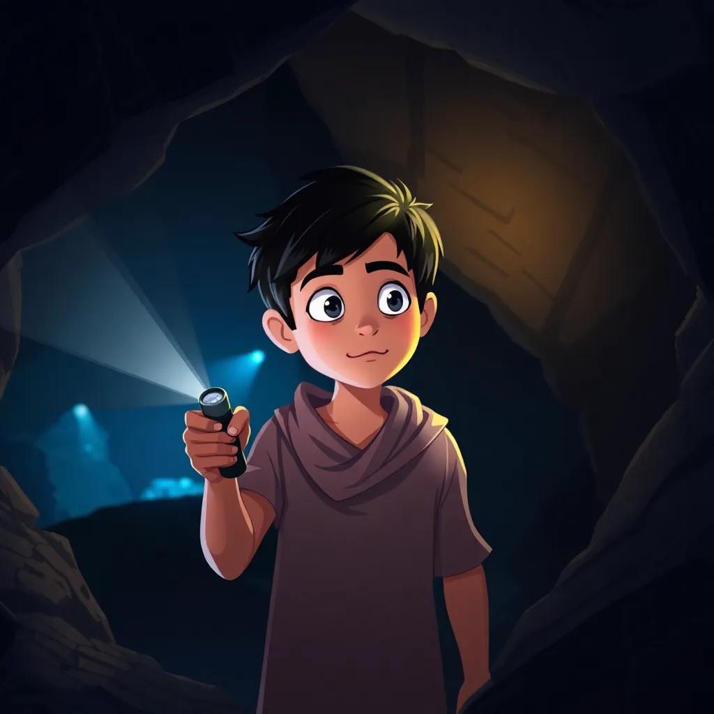 A young Arab boy, Ali, with short black hair, holding a flashlight and looking into a dark cave, with shadows and bright glimmers inside the cave, detailed illustration, adventurous mood, youthful energy