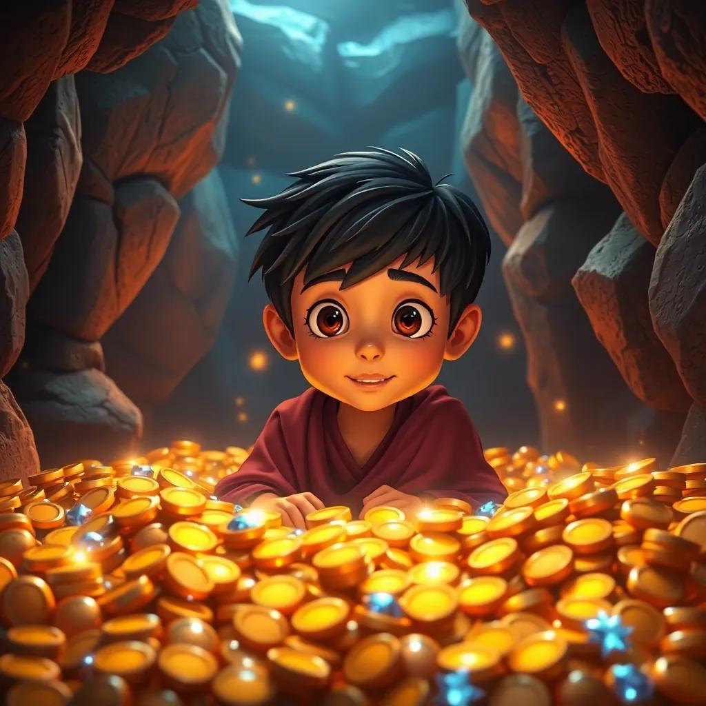 A young Arab boy, Ali, with short black hair, discovering a huge pile of sparkling gold coins and jewels inside a cave, surrounded by dark stone walls and glowing lights, colorful, magical atmosphere, engaging perspective