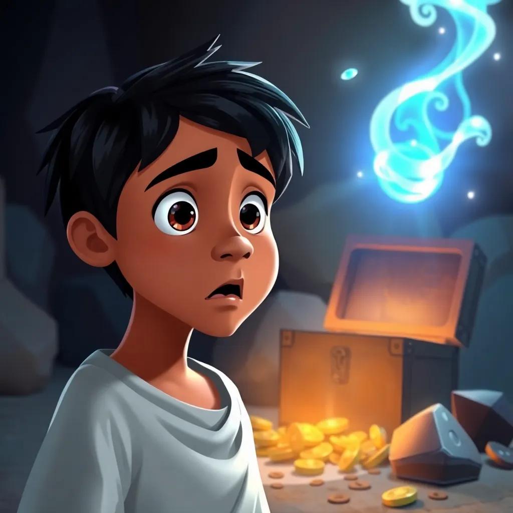 A young Arab boy, Ali, with short black hair, looking shocked as a glowing spirit appears beside the treasure, warning him about happiness, child-friendly, colorful, intriguing imagery