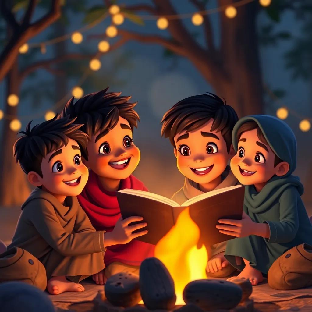 A young Arab boy, Ali, with short black hair, happily sharing his adventure story with friends around a campfire, their faces glowing with joy and excitement, heartwarming, cozy colors, warm light