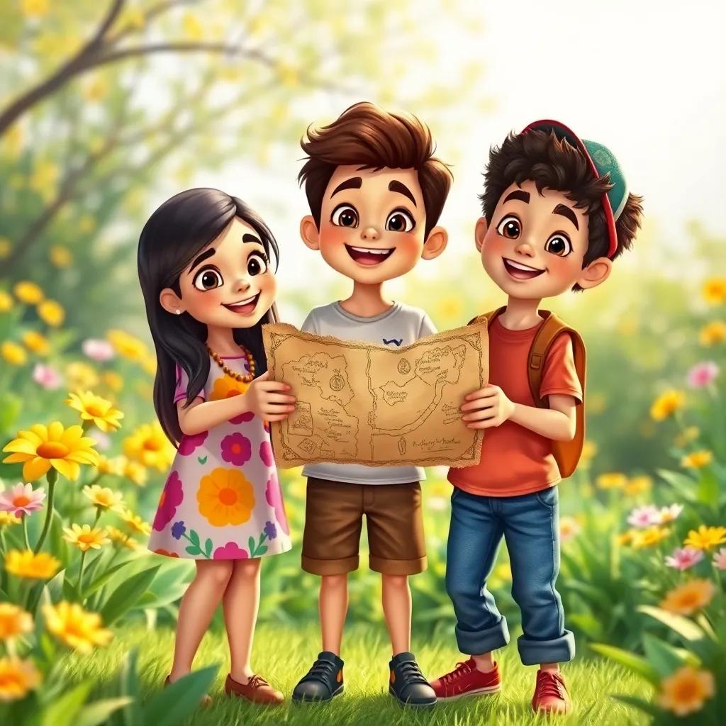 A group of three friends, Sarah, a young Arab girl with long, dark hair wearing a colorful dress, Walid, a young Arab boy with short brown hair in a t-shirt and shorts, and Ali, a young Arab boy with curly hair wearing jeans and a cap, standing together excitedly in a sunny garden holding an old treasure map, bright flowers around them, digital art, vibrant colors, cheerful atmosphere