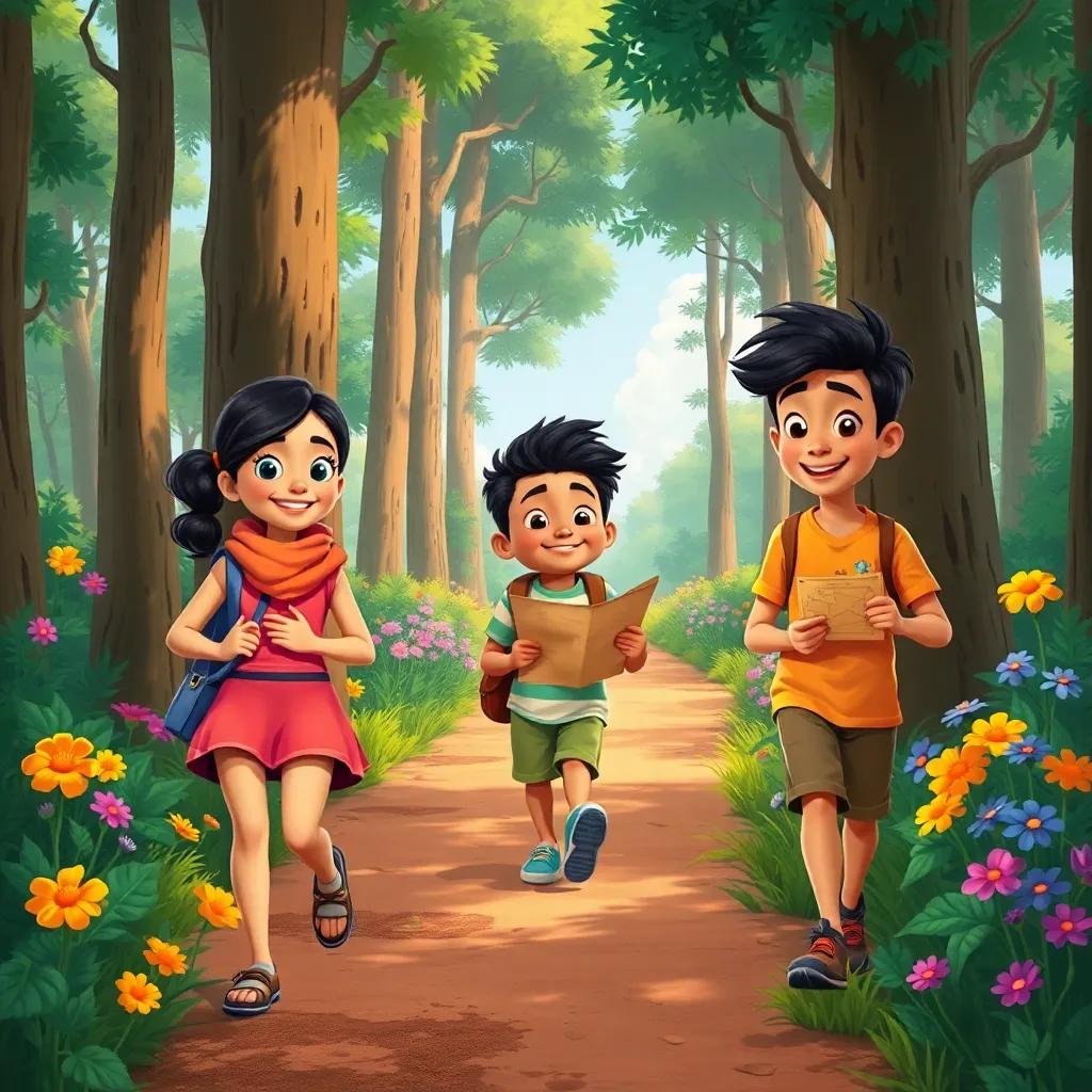 The three friends walking along a path surrounded by tall trees and colorful flowers, Sarah leading the way with a big smile, Walid looking at the treasure map, and Ali picking flowers, illustration, bright colors, adventure-themed, lively scene
