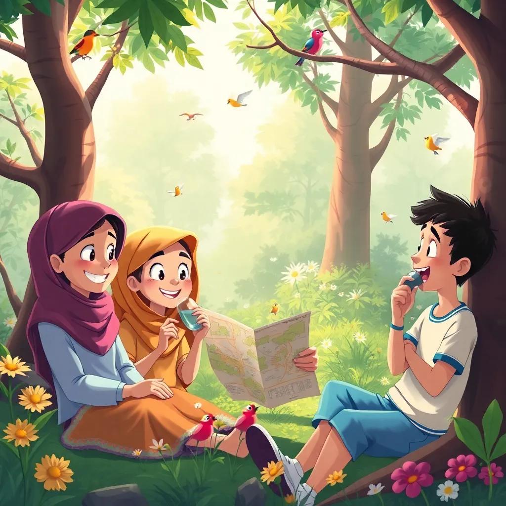 The friends resting in the shade of trees in a small forest, birds singing around them, Sarah smiling while drinking water, Walid looking at the map with curiosity, and Ali smelling the flowers, colorful, cheerful mood, child-friendly art
