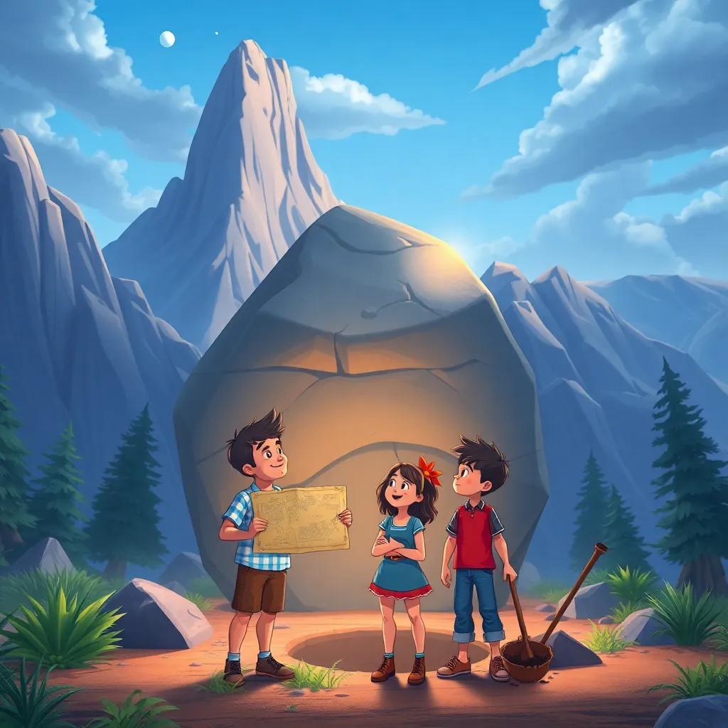 The friends standing in front of a big rock at the base of a mountain, Walid pointing at the treasure map excitedly while Sarah looks at the rock and Ali prepares to dig, cartoon style, colorful, adventurous atmosphere