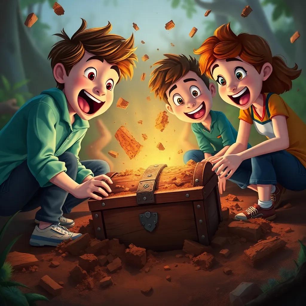 The friends digging excitedly in the ground, dirt flying around them, and suddenly uncovering an old treasure chest, their faces full of surprise and joy, digital painting, vibrant colors, thrilling moment