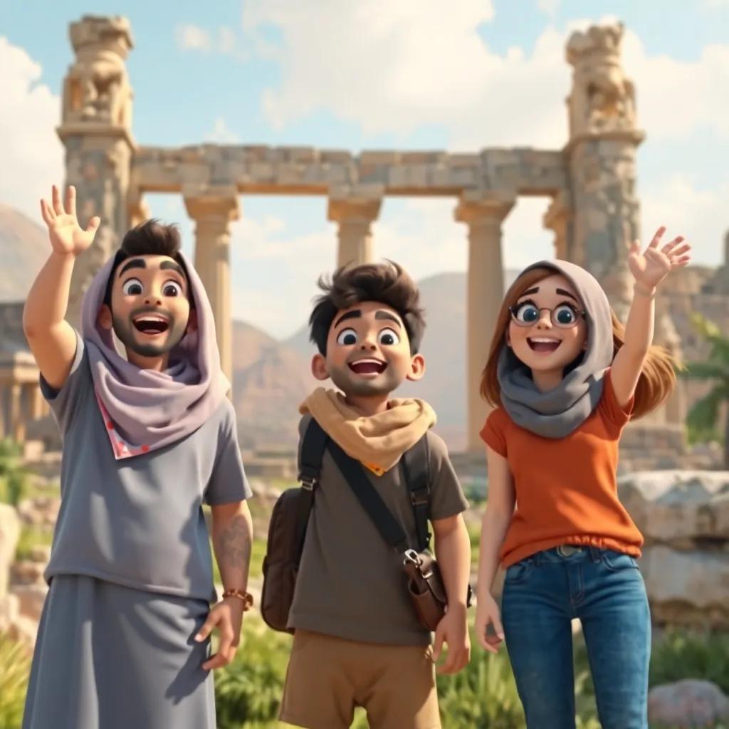 Three friends, Fahd, Ali, and Sarah, standing excitedly in front of ancient ruins, full of excitement and curiosity, digital art, vibrant colors, adventurous atmosphere, high quality