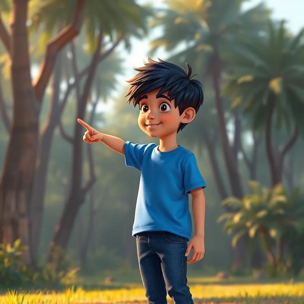 Fahd, a young Arab boy, with short black hair wearing a blue t-shirt and jeans, pointing towards the dense trees, digital painting, warm light, exploration theme, child-friendly