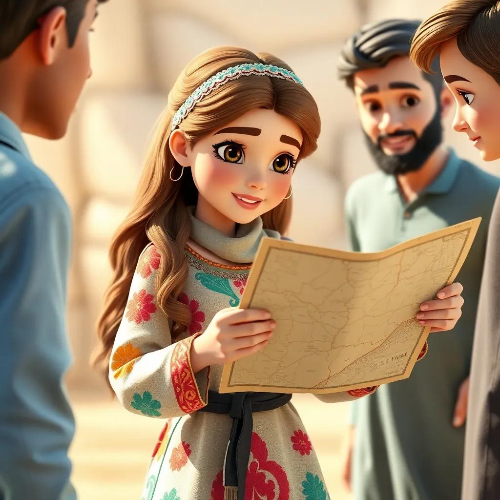 Sarah, a young Arab girl, with long brown hair wearing a colorful dress, holding an old map, showing it to her friends, digital art, bright colors, teamwork atmosphere, engaging focus
